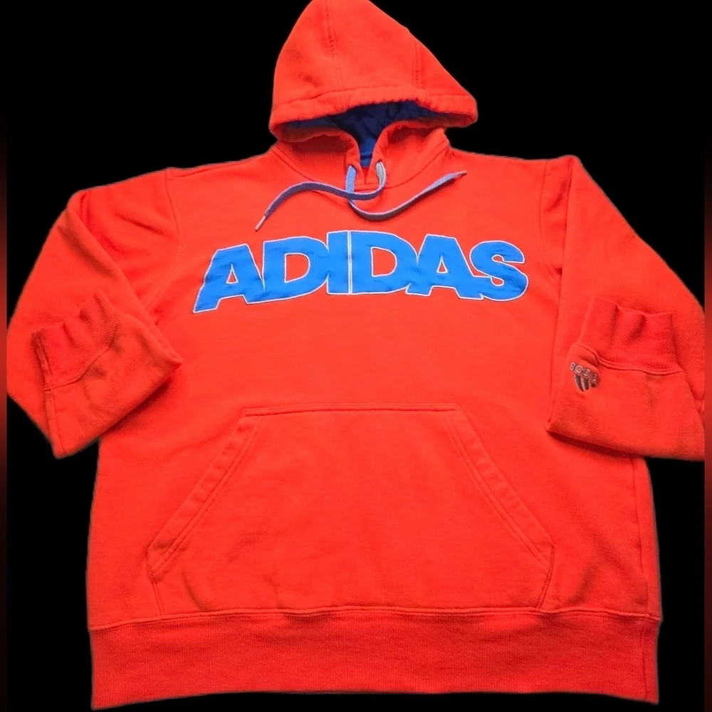 Adidas Men’s Md Red/Orange Pullover Hoodie Blue Spellout Logo Fleece Sweatshirt